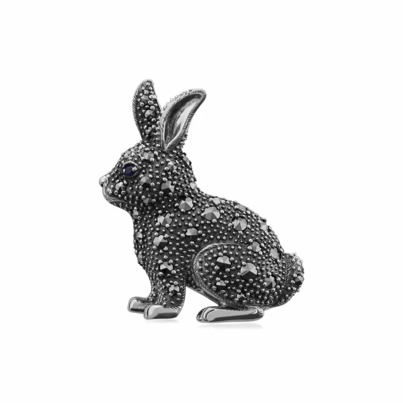 Marcasite & Sapphire Rabbit Brooch in 925 Sterling Silver sold by Gemondo Jewellery