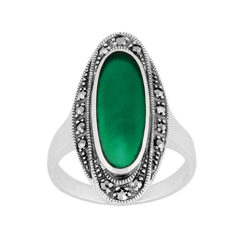Art Deco Style Oval Green Chalcedony & Marcasite Cocktail Ring in 925 Sterling Silver sold by Gemondo Jewellery