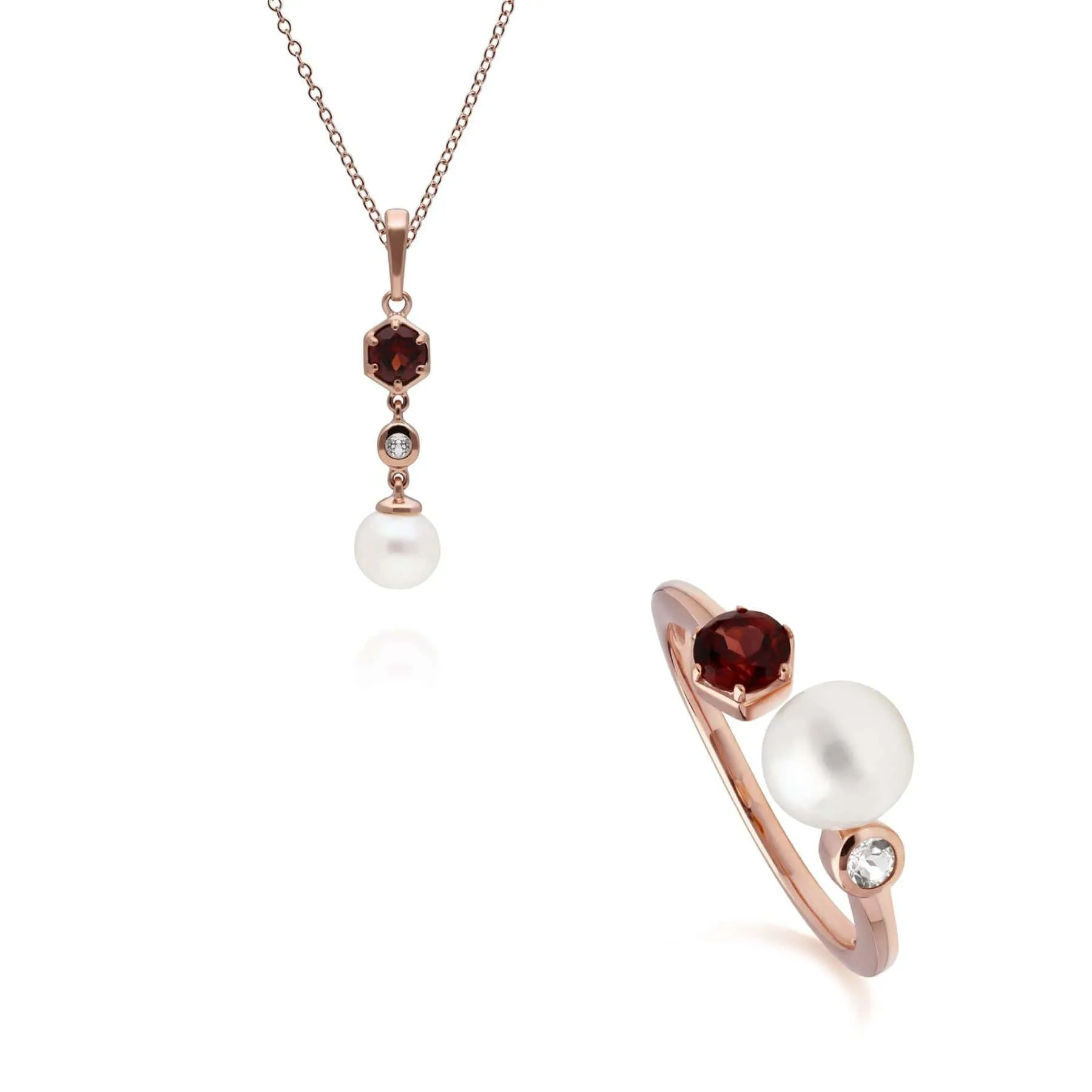Modern Pearl, Garnet & Topaz Pendant & Ring Set in Rose Gold Plated Silver sold by Gemondo Jewellery