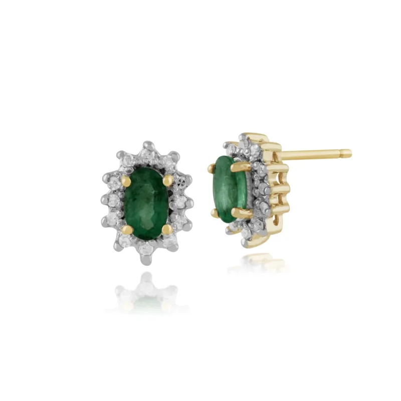 Classic Oval Emerald & Diamond Cluster Stud Earrings in 9ct Yellow Gold sold by Gemondo Jewellery