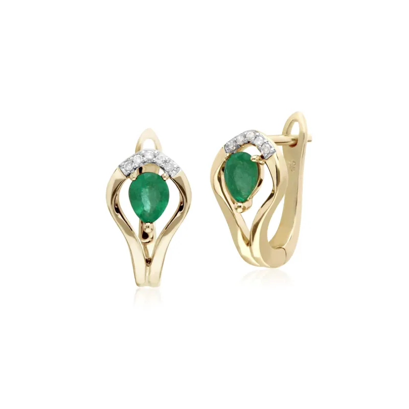 Classic Emerald & Diamond Leaf Halo Lever Back Earrings in 9ct Gold sold by Gemondo Jewellery
