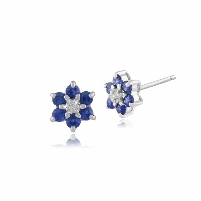 Classic Floral Sapphire & Diamond Cluster Stud Earrings in 9ct White Gold sold by Gemondo Jewellery