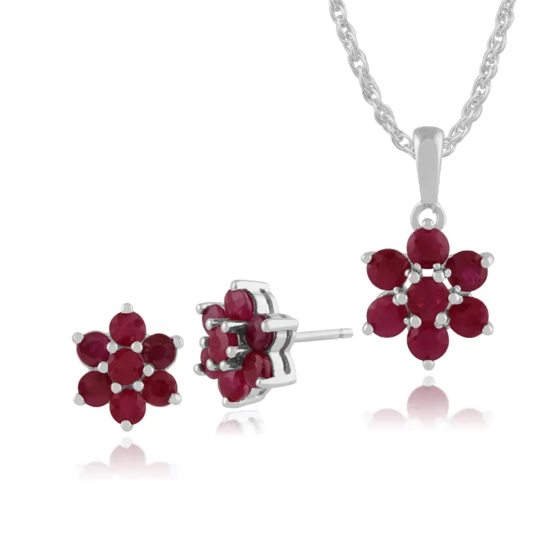 Floral Round Ruby Flower Cluster Stud Earrings & Pendant Set in 925 Sterling Silver sold by Gemondo Jewellery