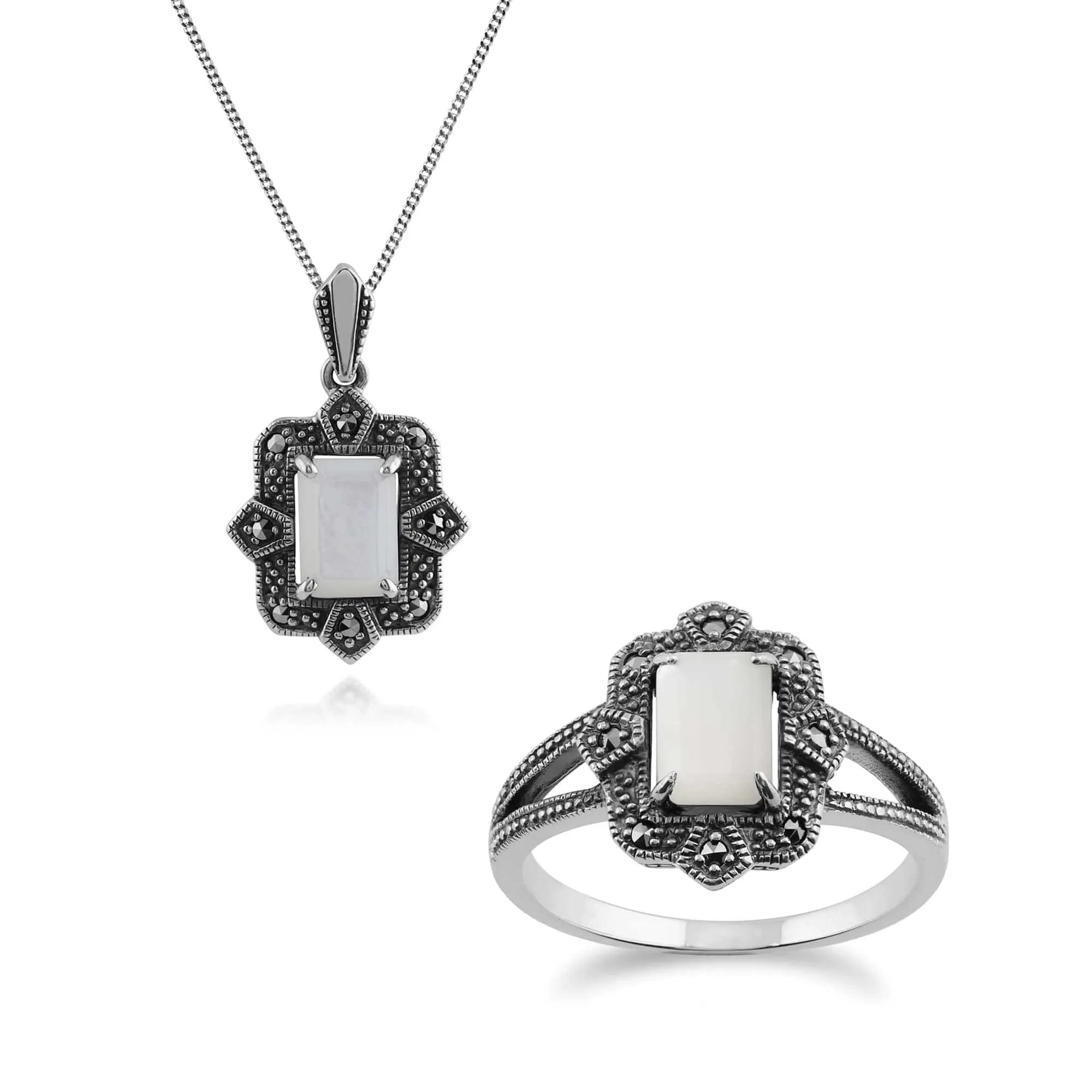 Art Deco Style Baguette Mother of Pearl & Marcasite Framed Pendant & Ring Set in 925 Sterling Silver sold by Gemondo Jewellery