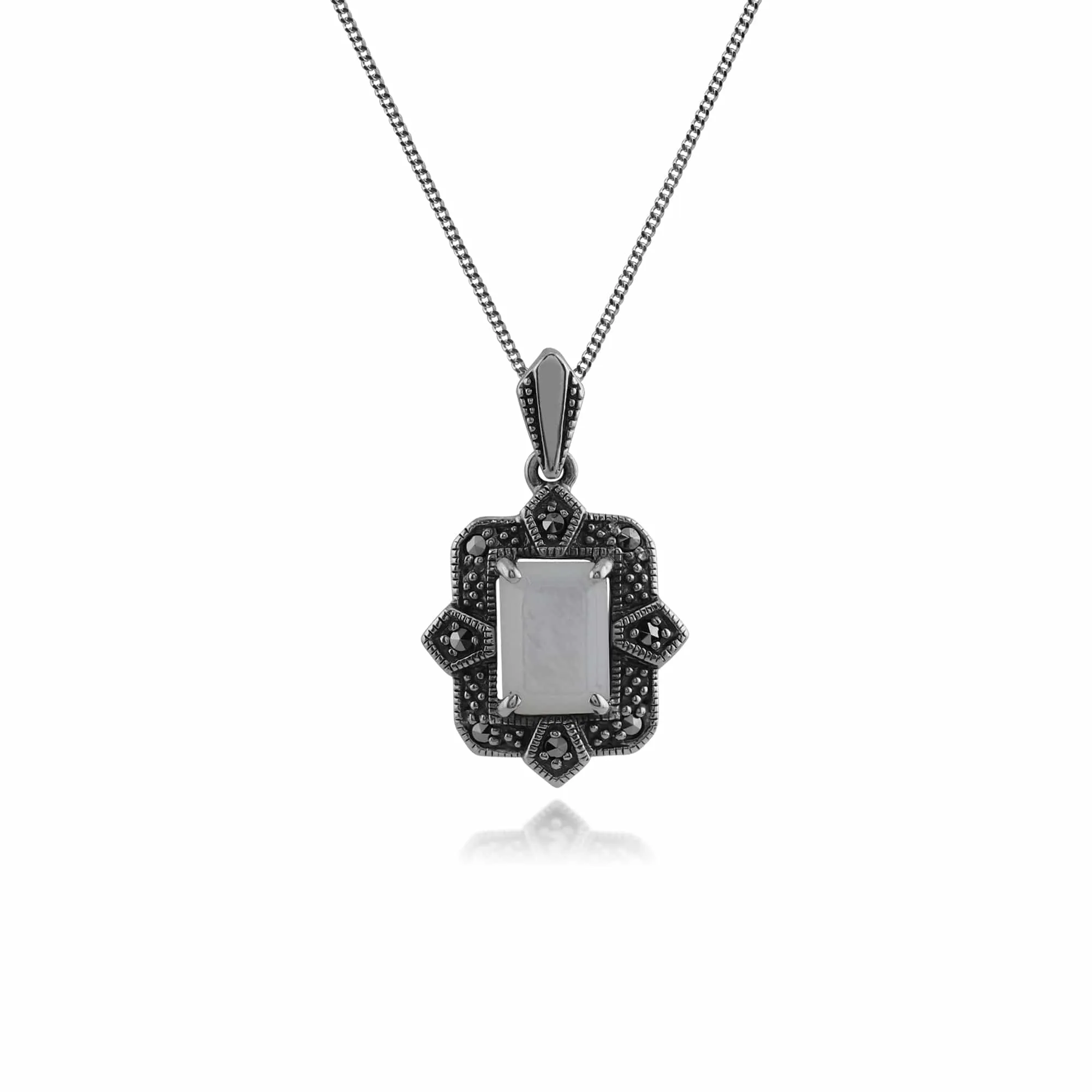 Art Deco Style Baguette Mother of Pearl & Marcasite Framed Pendant & Ring Set in 925 Sterling Silver sold by Gemondo Jewellery product image thumbnail 2