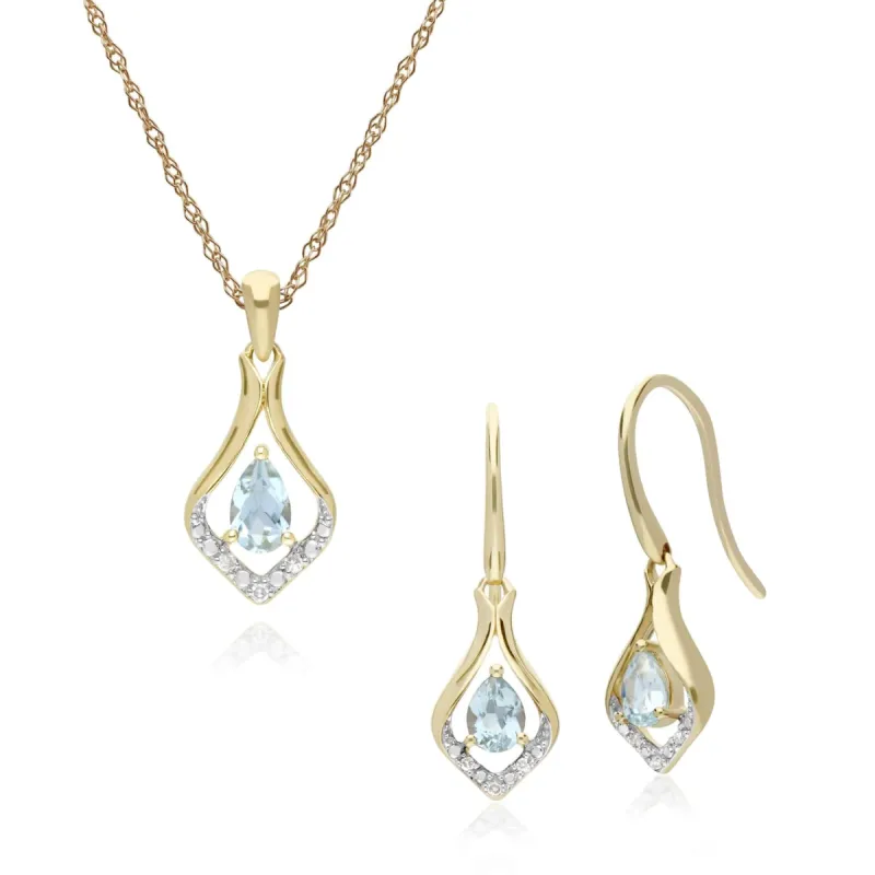 Classic Oval Aquamarine & Diamond Leaf Drop Earrings & Pendant Set in 9ct Yellow Gold sold by Gemondo Jewellery