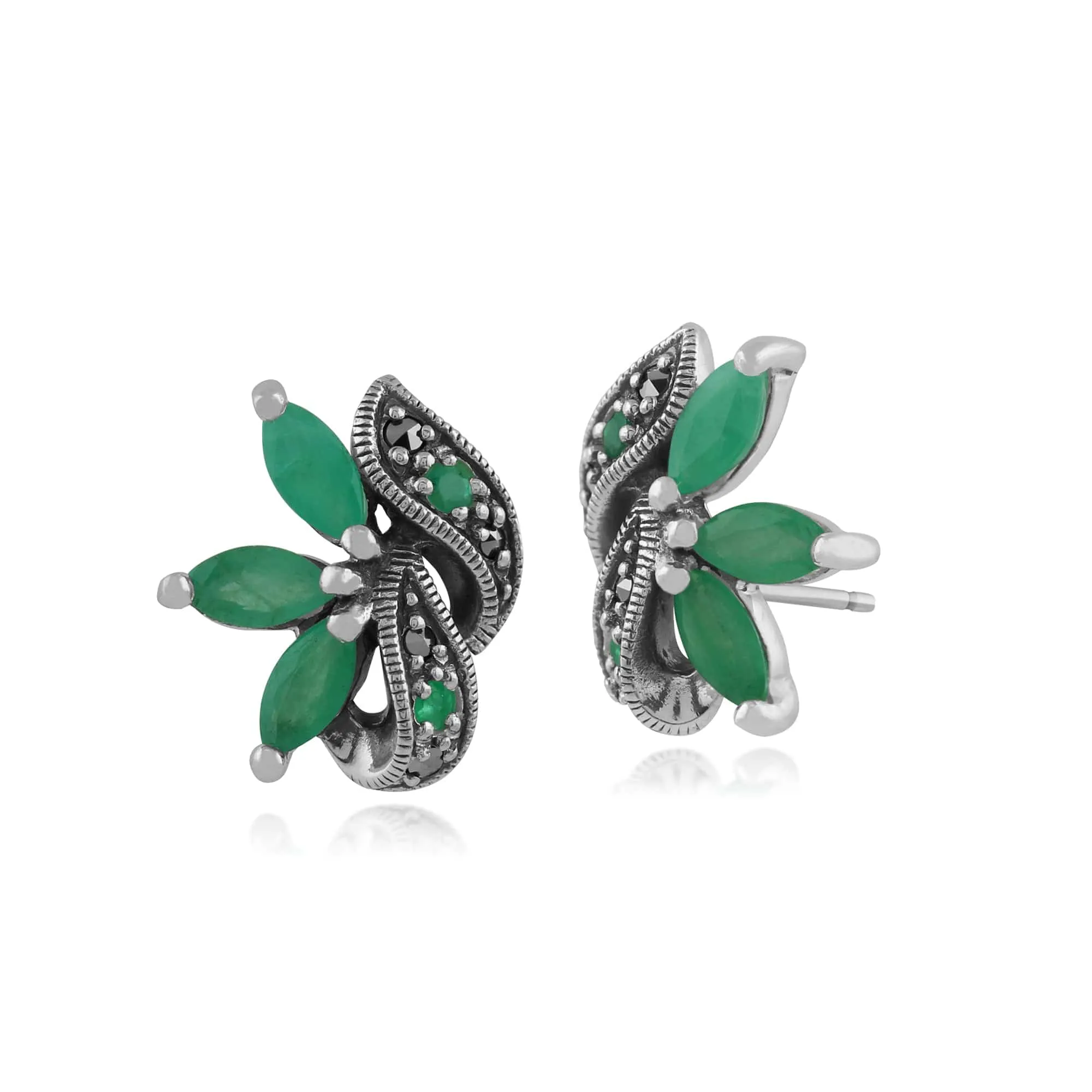 Art Nouveau Marquise Emerald & Marcasite Leaf Stud Earrings in 925 Sterling Silver sold by Gemondo Jewellery