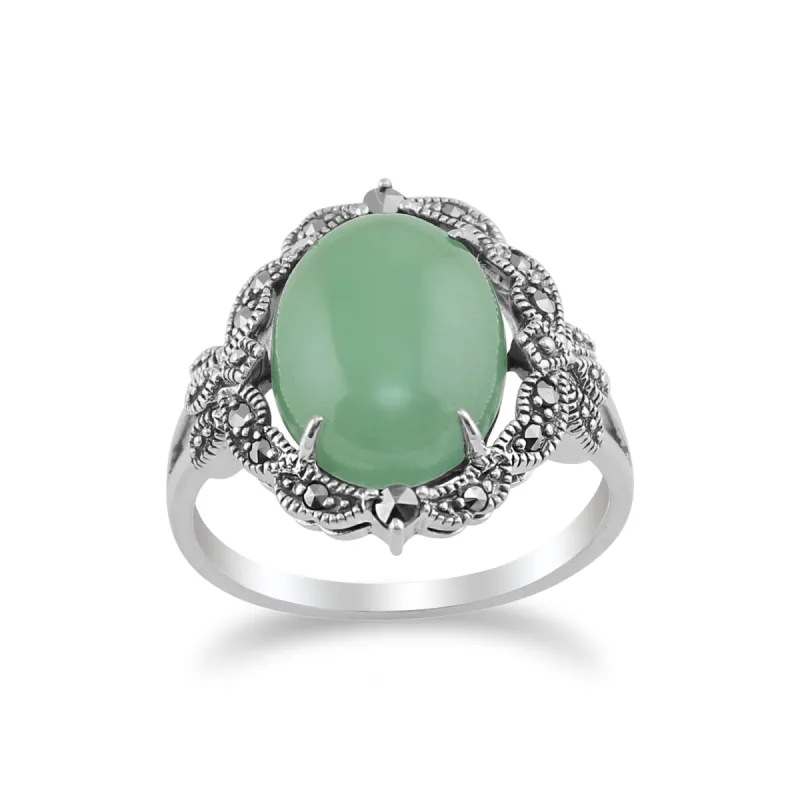 Art Nouveau Style Green Jade Cabochon & Marcasite Statement Ring in 925 Silver sold by Gemondo Jewellery