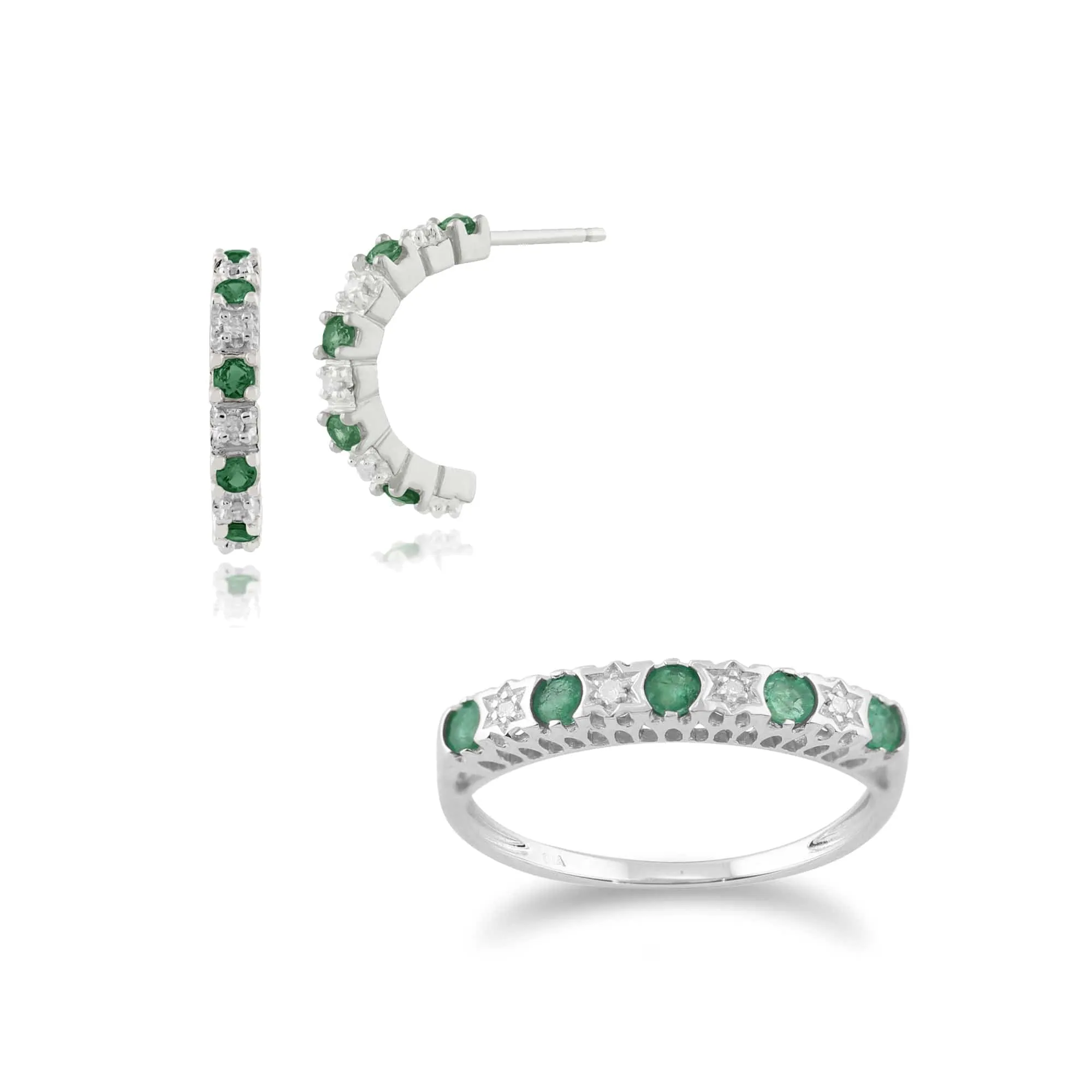Classic Round Emerald & Diamond Half Hoop Earrings & Half Eternity Ring Set in 9ct White Gold sold by Gemondo Jewellery