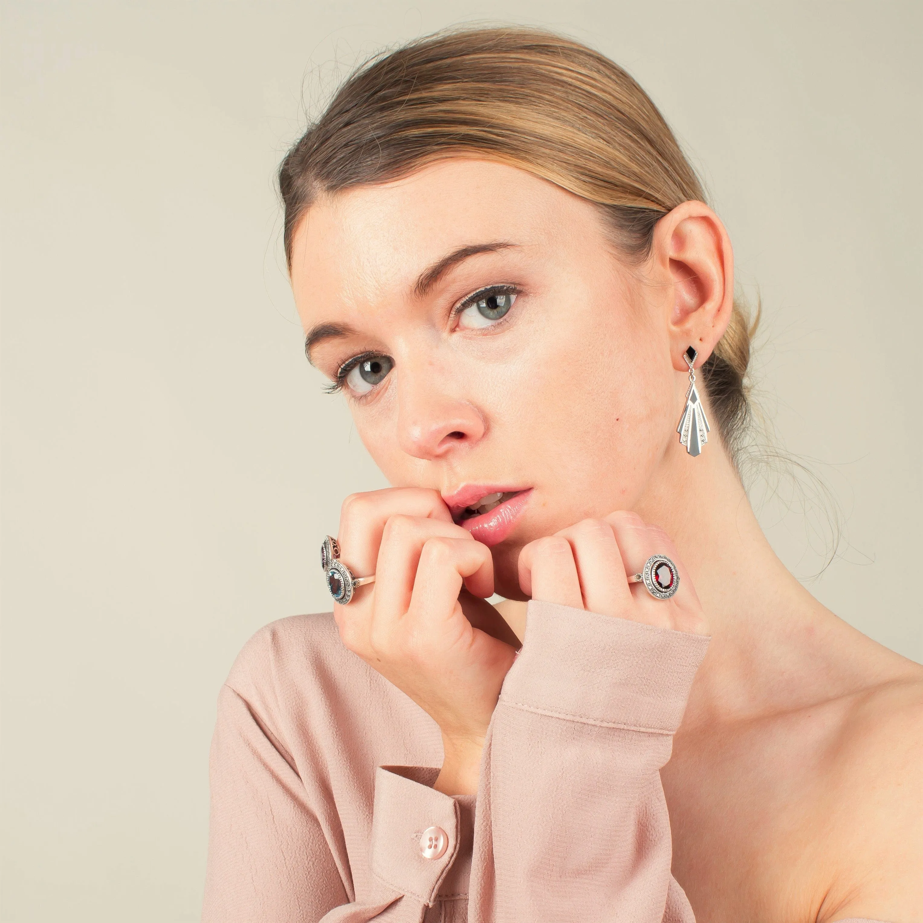 Art Deco Style Cabochon Black Onyx & Marcasite Drop Earrings sold by Gemondo Jewellery product image thumbnail 3