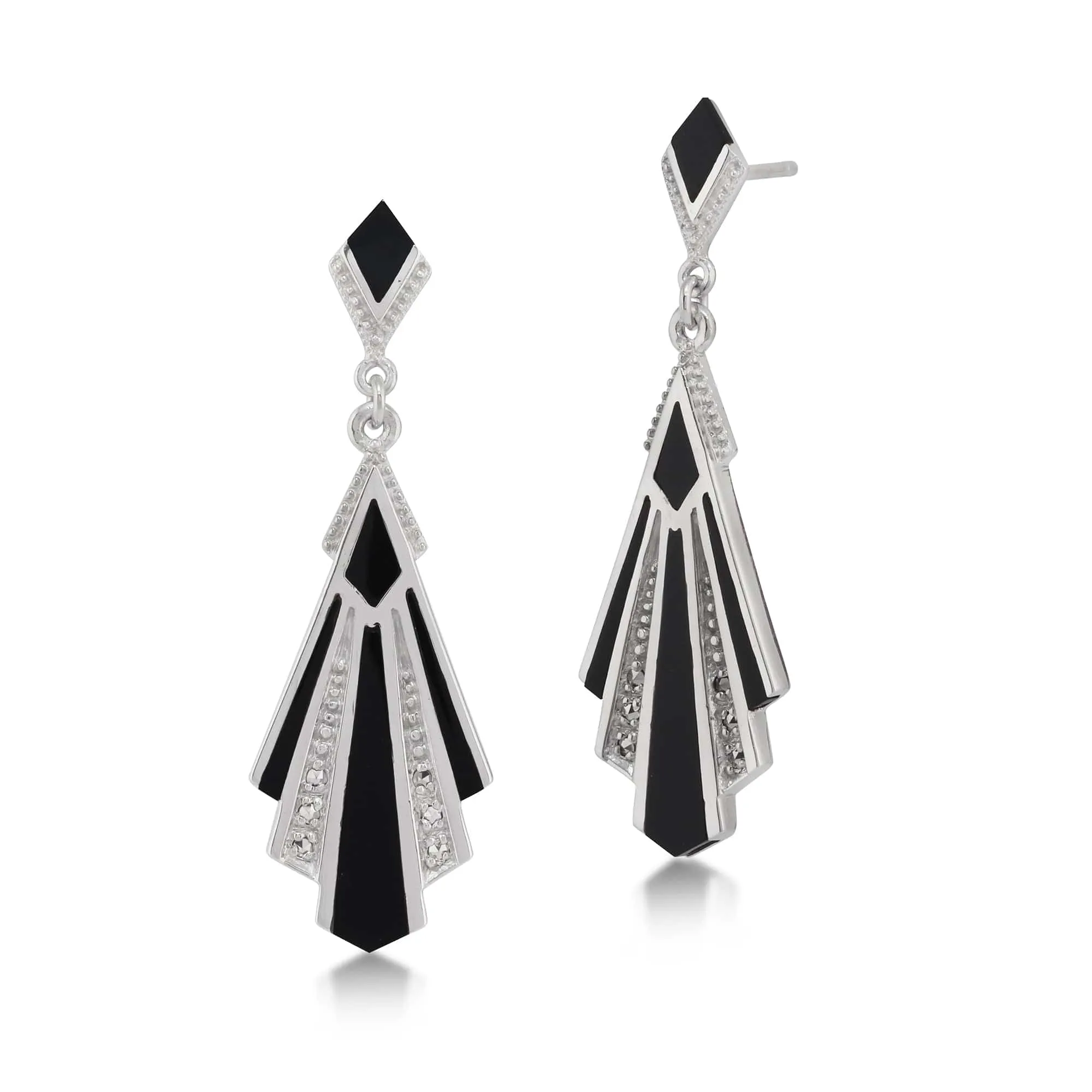 Art Deco Style Cabochon Black Onyx & Marcasite Drop Earrings sold by Gemondo Jewellery