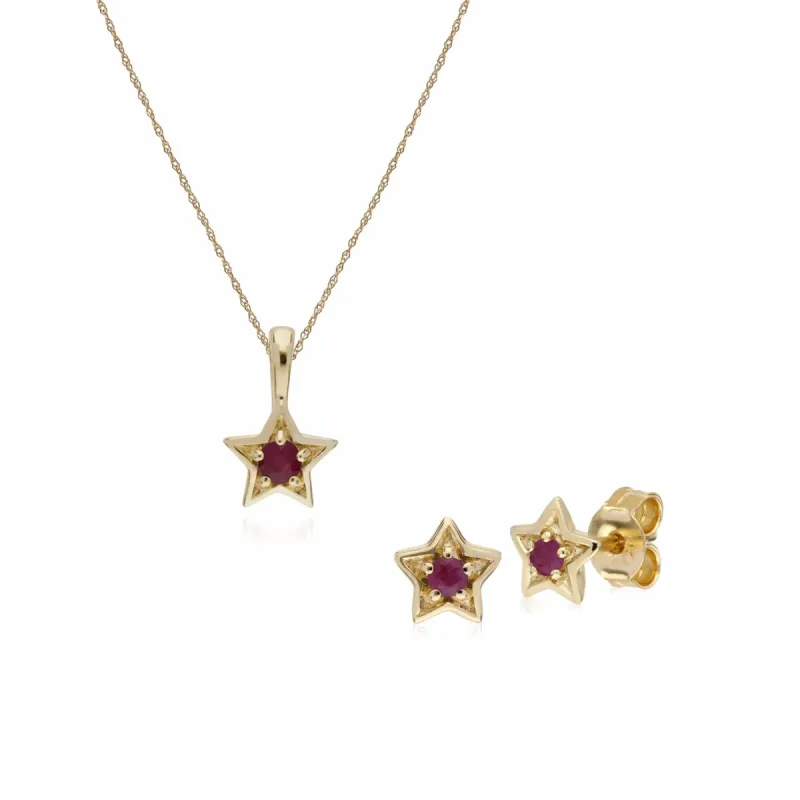 Contemporary Round Ruby Single Stone Star Earrings & Necklace Set in 9ct Yellow Gold sold by Gemondo Jewellery