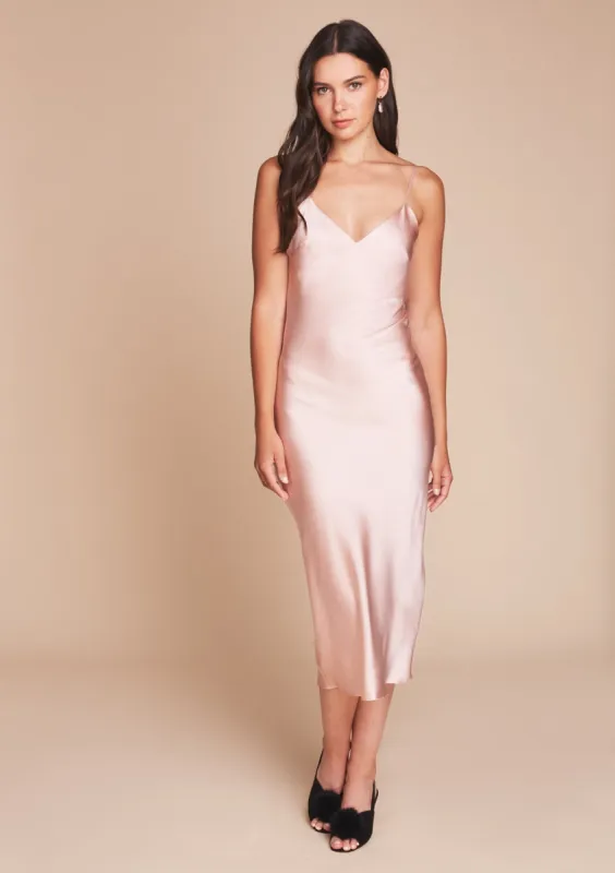 Sophia Midi Silk Slip Dress in Pink sold by Gilda & Pearl