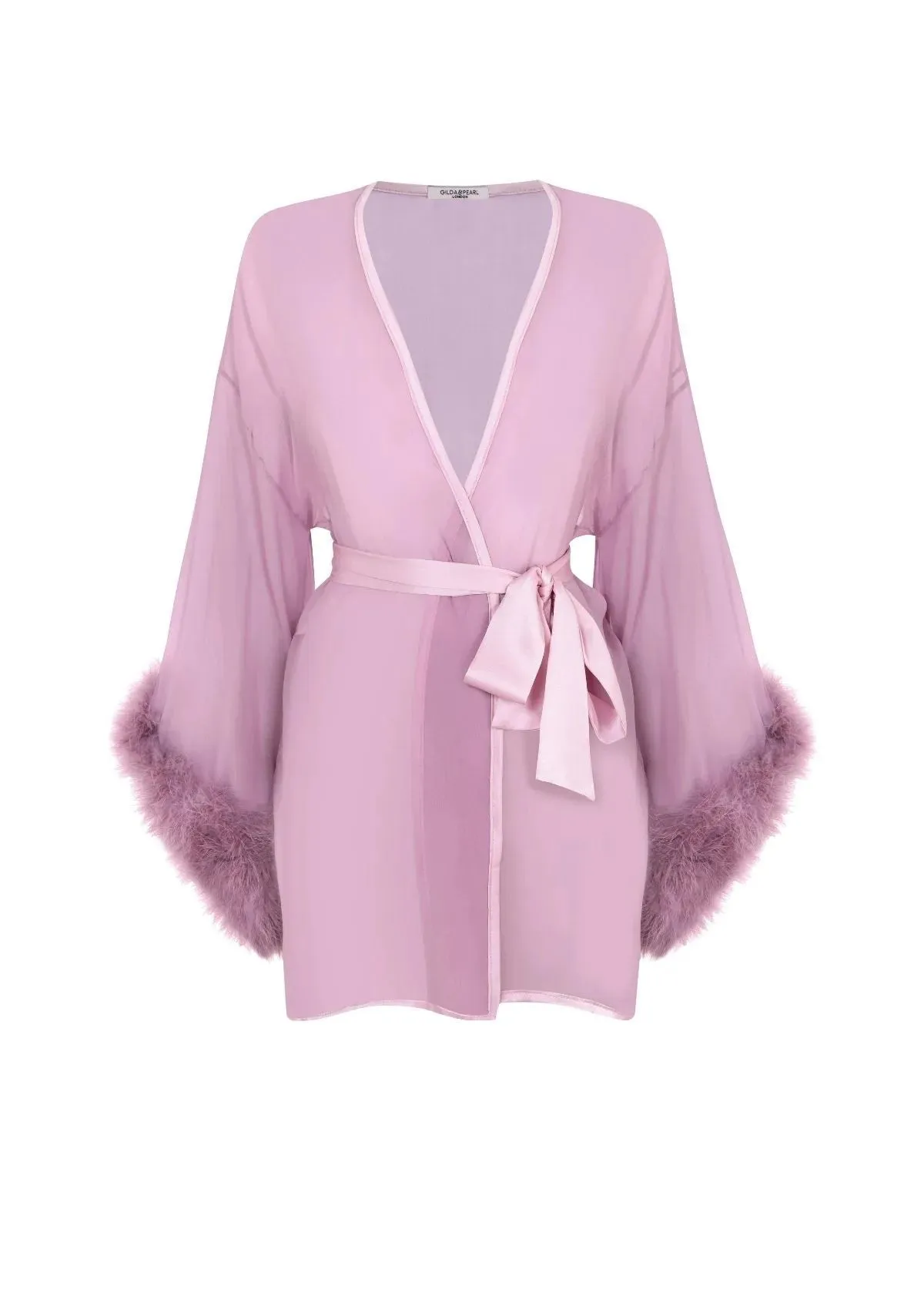 Diana Silk and Marabou Feather Robe in Boudoir Rose sold by Gilda & Pearl