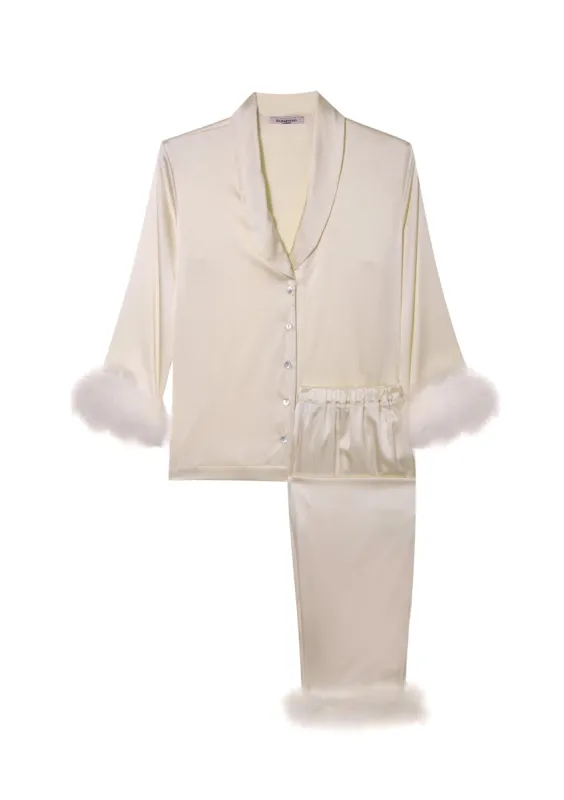 Curvy Ivory Silk and Feather Pyjama sold by Gilda & Pearl