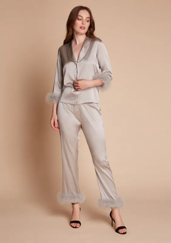 Silver Silk and Feather Pyjama Set sold by Gilda & Pearl