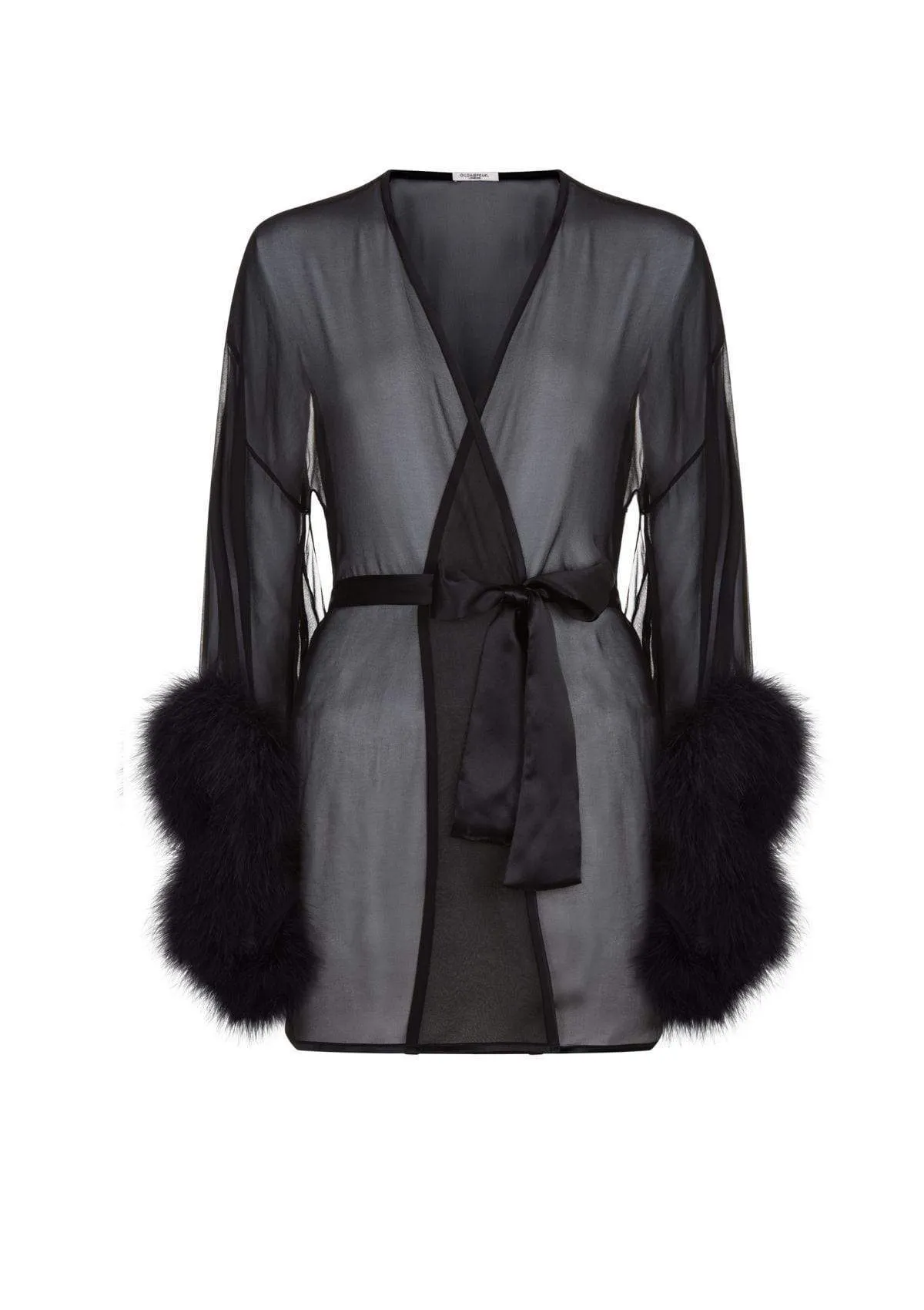 Diana Silk and Marabou Feather Robe in Black sold by Gilda & Pearl