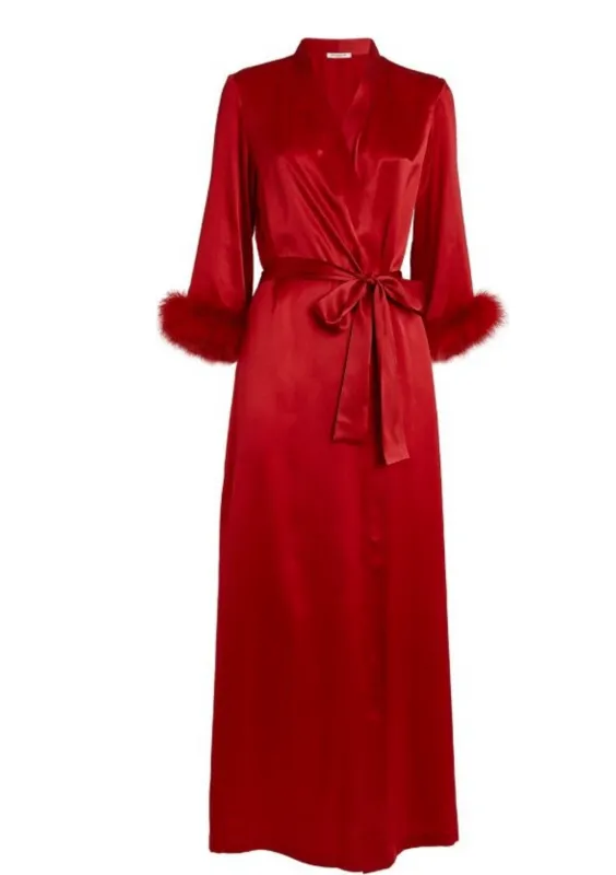 Forever Ruby Silk and Feather Long Robe sold by Gilda & Pearl