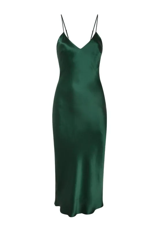 Sophia Midi Silk Slip Dress in Emerald Green sold by Gilda & Pearl
