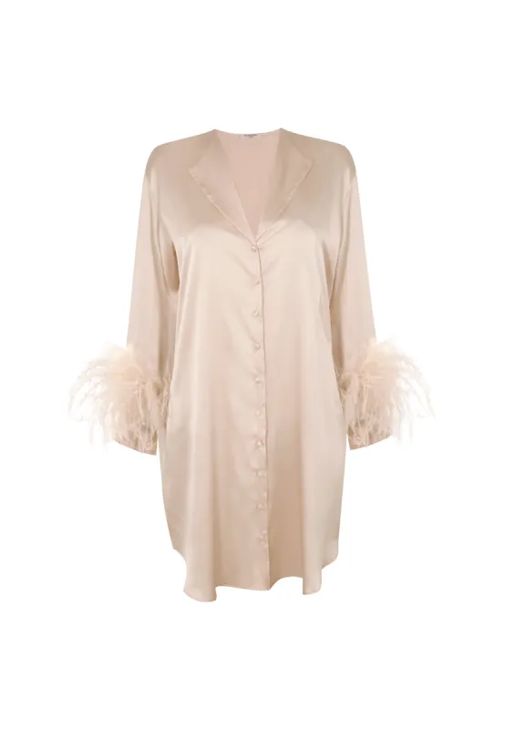Camille Silk and Feather Shirt Dress sold by Gilda & Pearl
