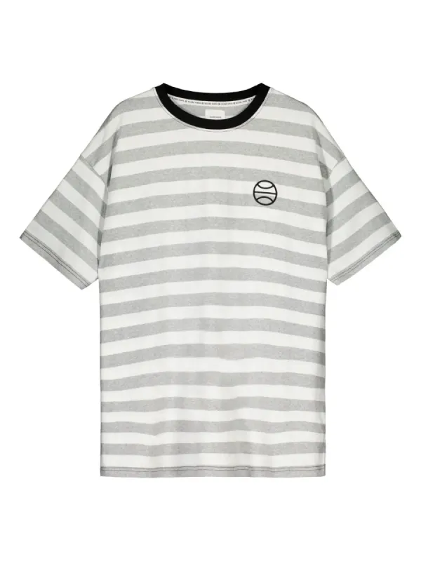 REHJA t-shirt, grey and white striped sold by Globe Hope