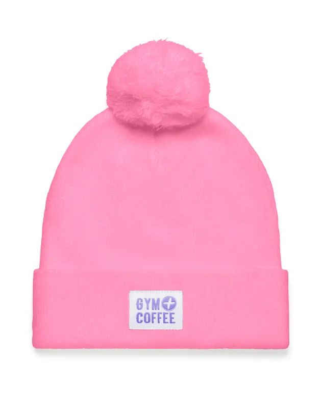 Knit Bobble Beanie in Bright Pink sold by Gym+Coffee