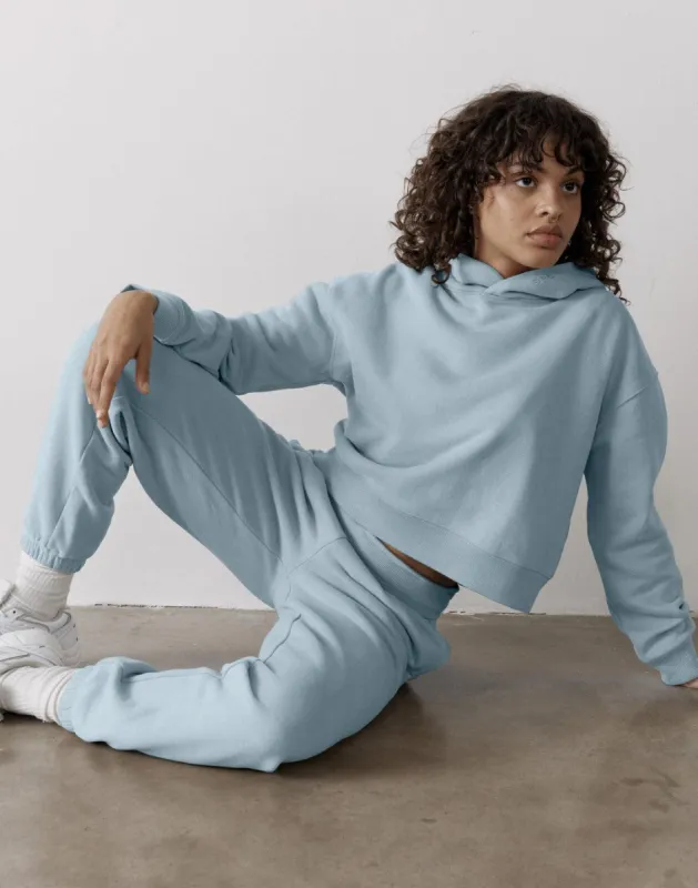 The Womens Pullover Crop Hoodie in Chalk Blue sold by Gym+Coffee