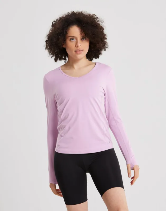 Advantage V-Neck Long Sleeve Tee in Orchid sold by Gym+Coffee