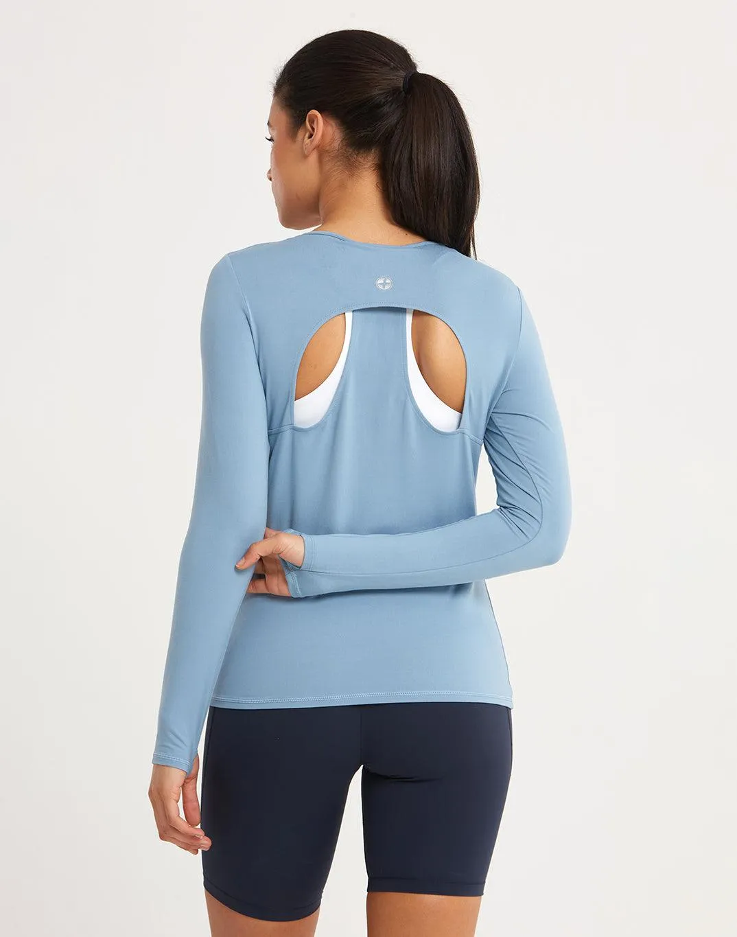 Womens Advantage Open Back Long Sleeve Tee in Cornflower Blue sold by Gym+Coffee