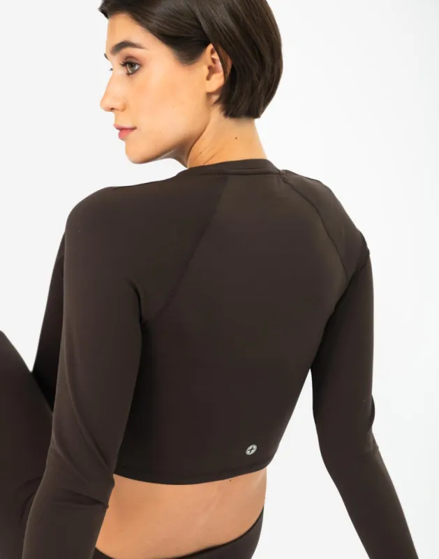 Aurora Long Sleeve Crop Tee in Espresso sold by Gym+Coffee