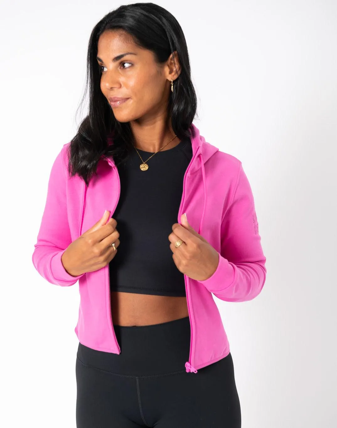 Chill Crop Zip Hoodie in Empower Pink sold by Gym+Coffee