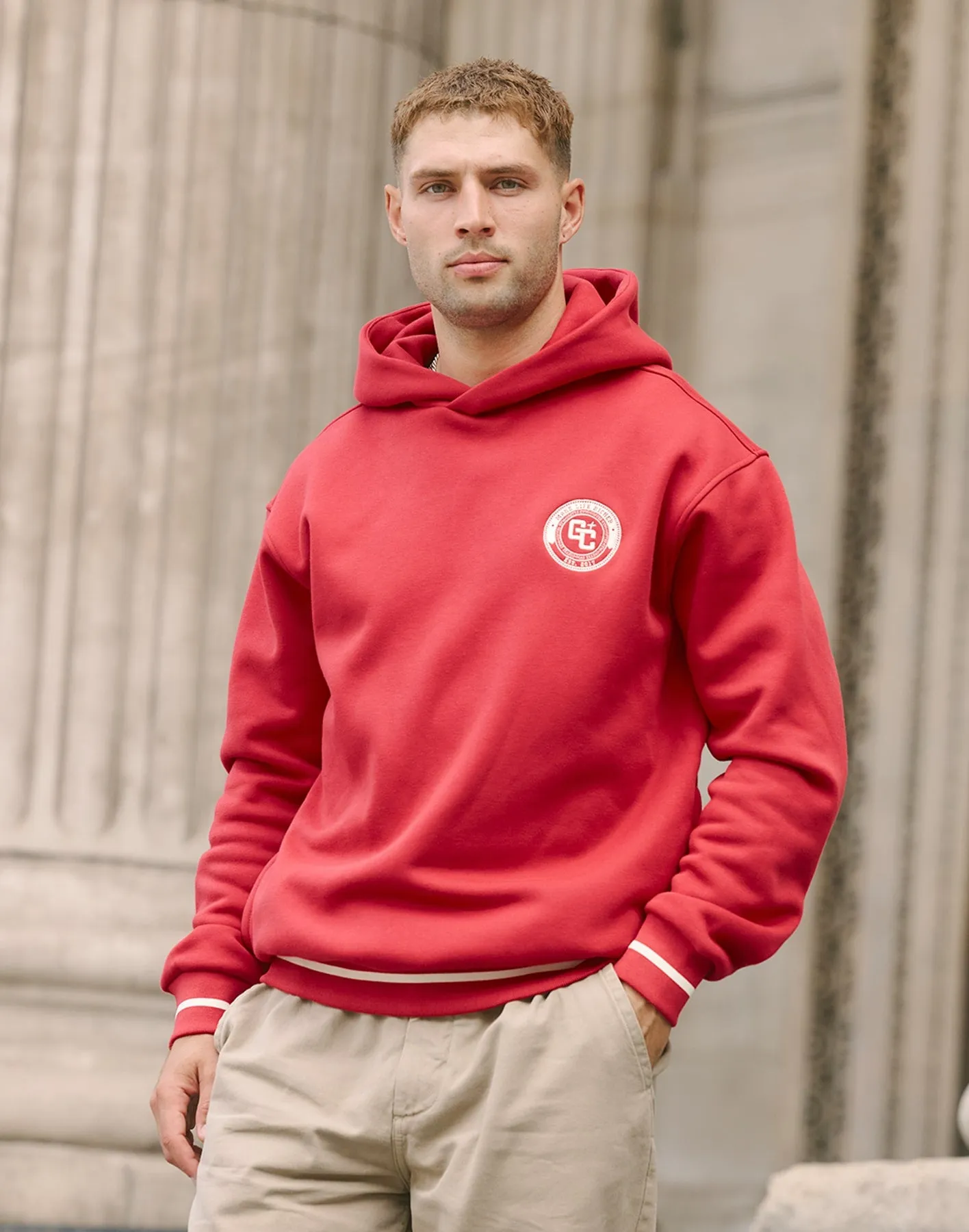 Varsity Hoodie in Crimson Red sold by Gym+Coffee