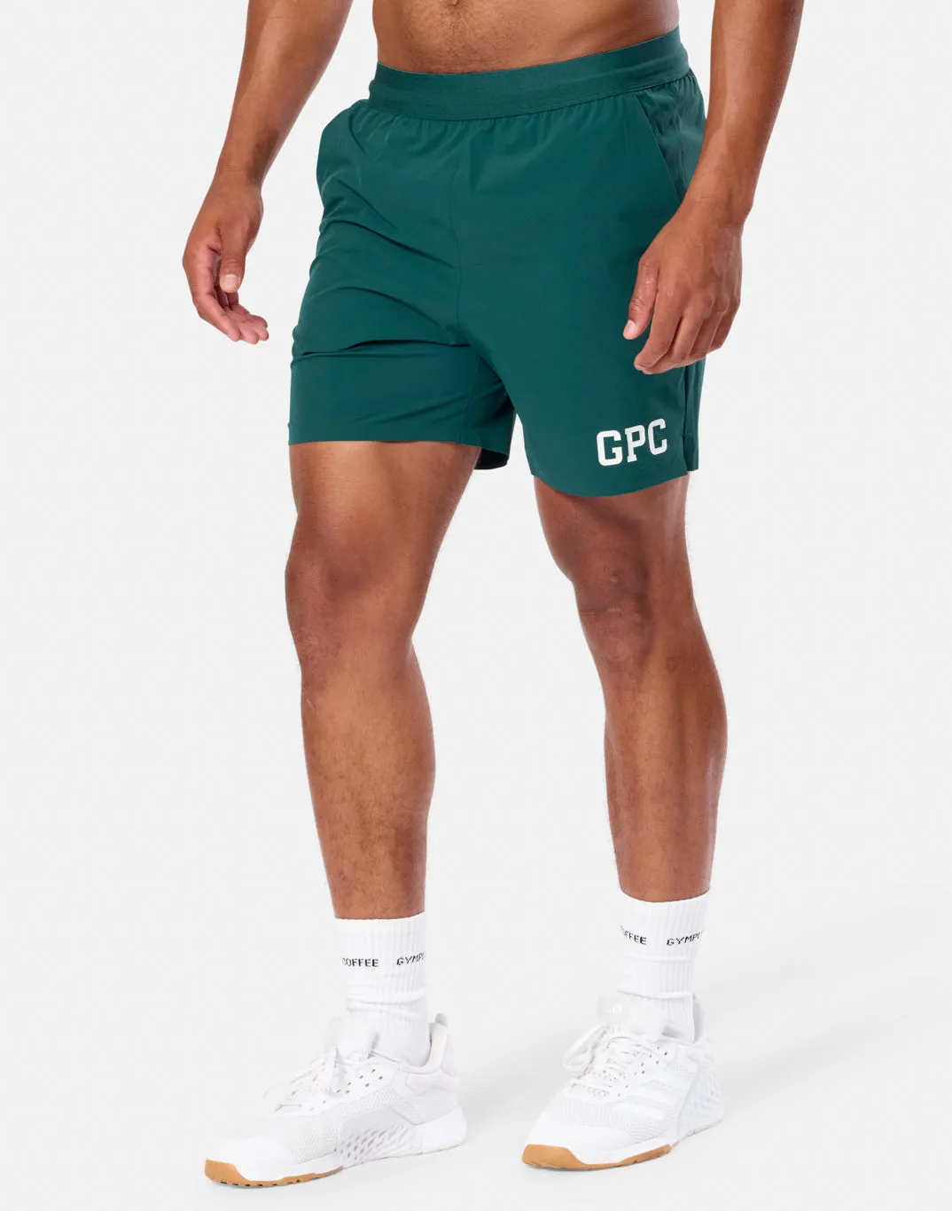 GPC Train 7" Shorts in Amazon Green sold by Gym+Coffee