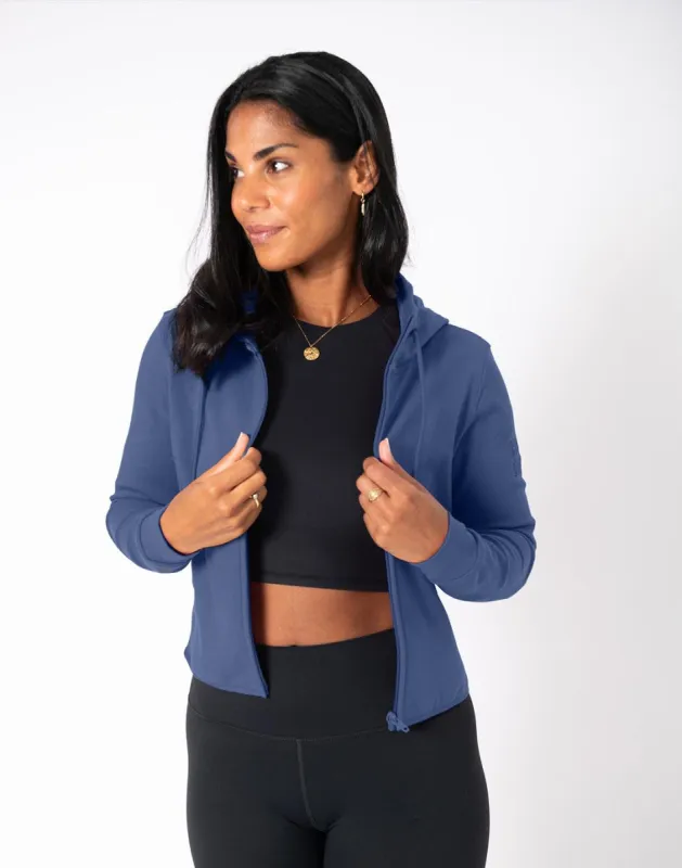 Chill Zip Crop Hoodie in Thunder Blue sold by Gym+Coffee
