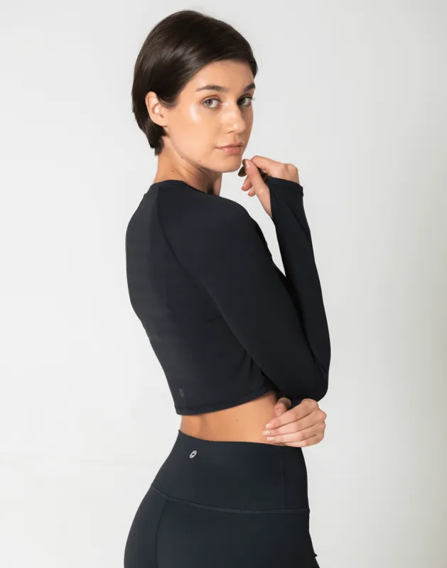 Aurora Long Sleeve Crop Tee in Black sold by Gym+Coffee