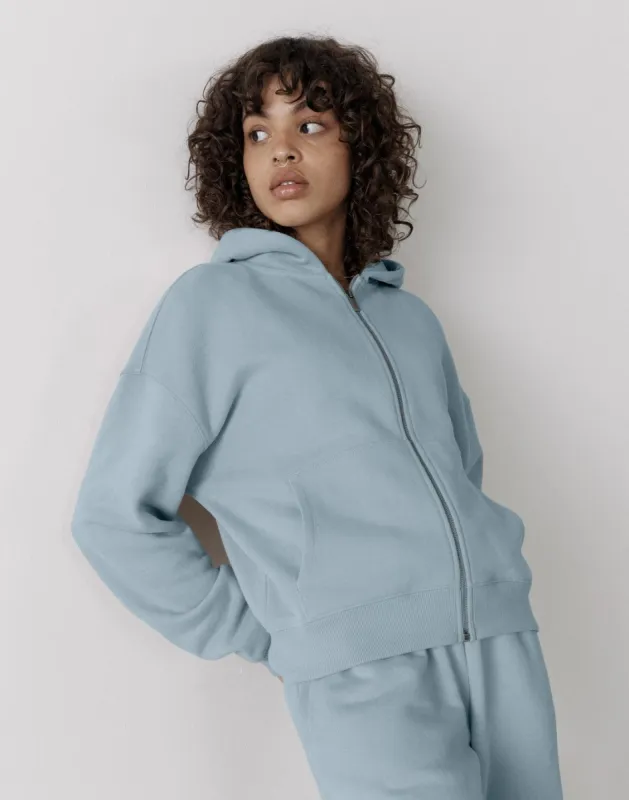 The Womens Full Zip Hoodie in Chalk Blue sold by Gym+Coffee
