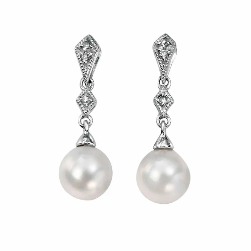 Elements Gold GE807W Freshwater Pearl and Diamond Drop Earrings sold by H.S. Johnson