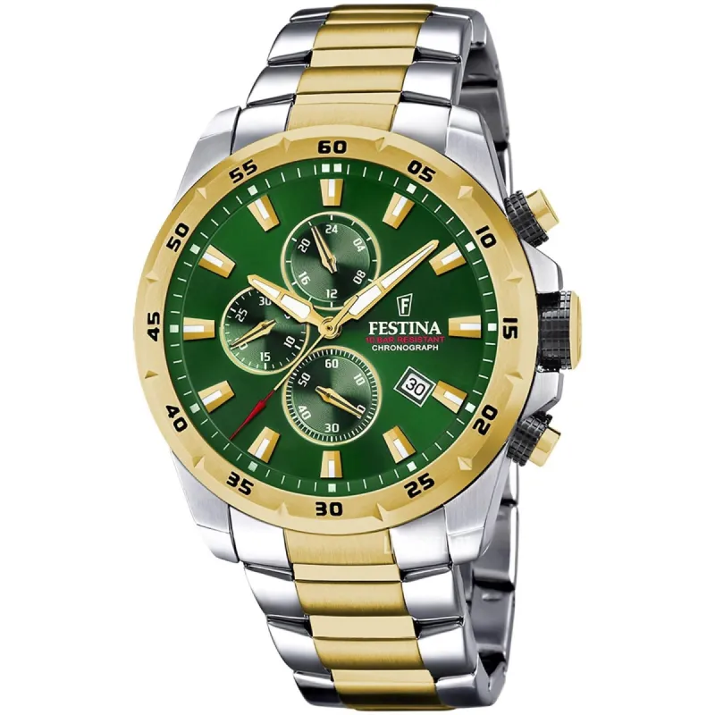Festina F20562/3 Men's Green Dial Two Tone Steel Bracelet Watch sold by H.S. Johnson