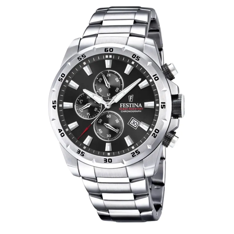 Festina F20463/4 Men's Chronograph Black Dial Silver Tone Bracelet Wristwatch sold by H.S. Johnson