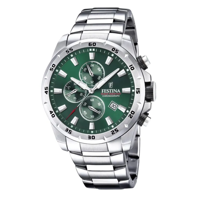 Festina F20463/3 Men's Chronograph Green Dial Silver Tone Bracelet Wristwatch sold by H.S. Johnson