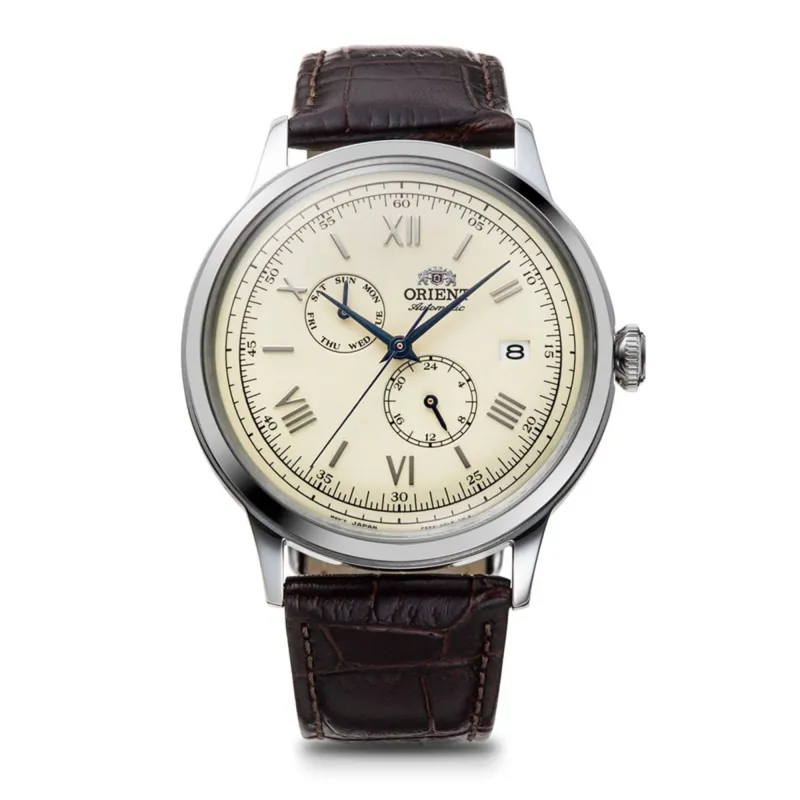 Orient RA-AK0702Y30B Bambino Multi Function Cream Dial Leather Strap Wristwatch sold by H.S. Johnson