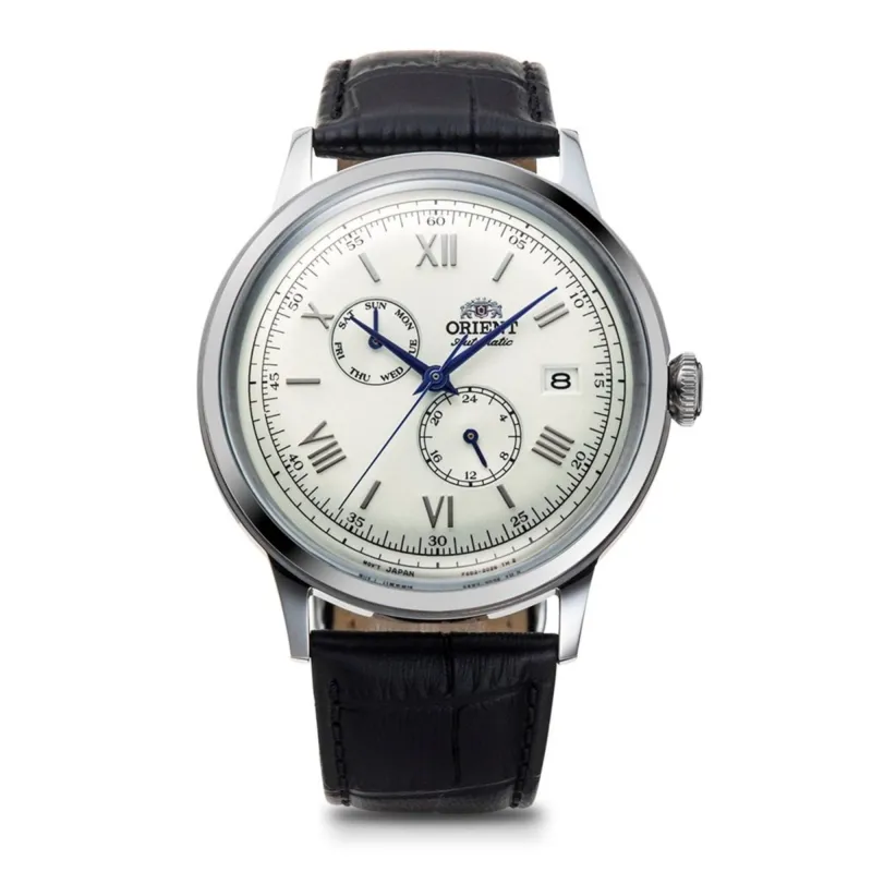 Orient RA-AK0701S30B Bambino Multi Function White Dial Leather Strap Wristwatch sold by H.S. Johnson