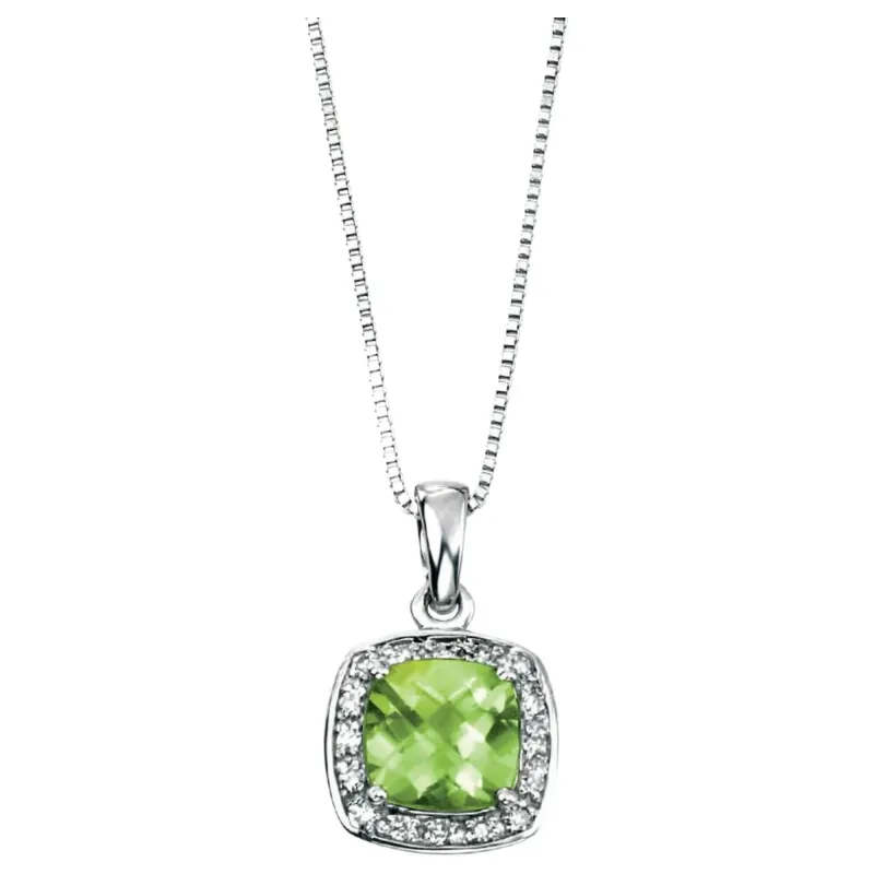 Elements Gold GP708G Cushion Cut Peridot Pendant Diamond Surround in 9ct White Gold sold by H.S. Johnson