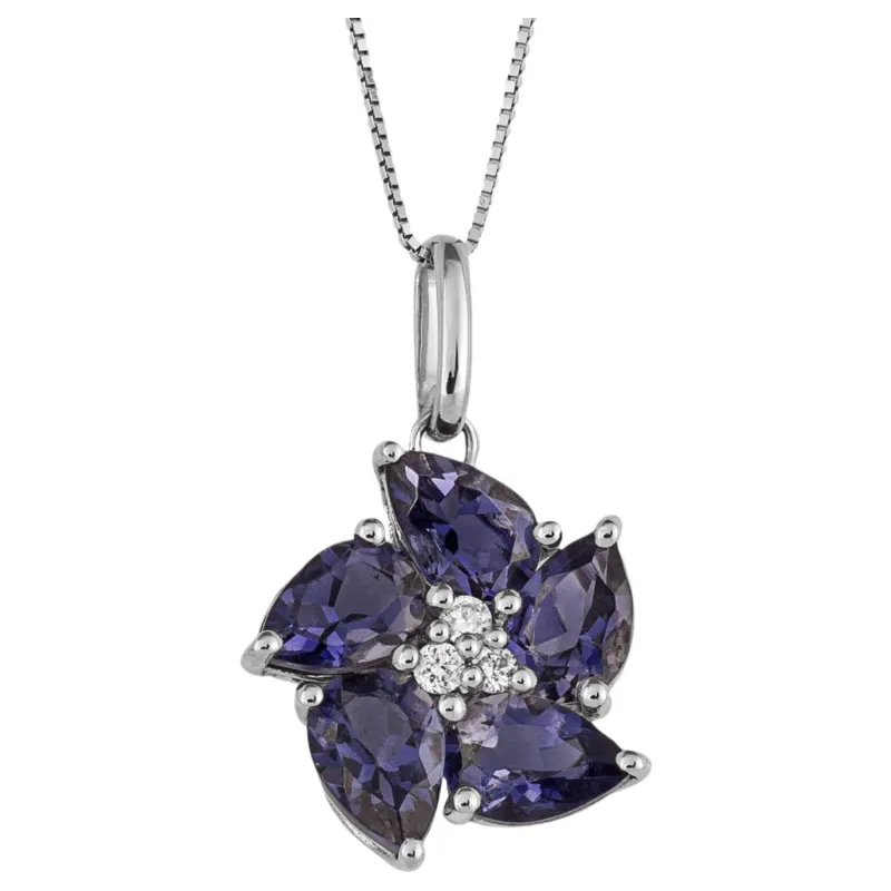 Elements Gold GP2301M Peony Pendant With Lolite And Diamond in 9ct White Gold sold by H.S. Johnson