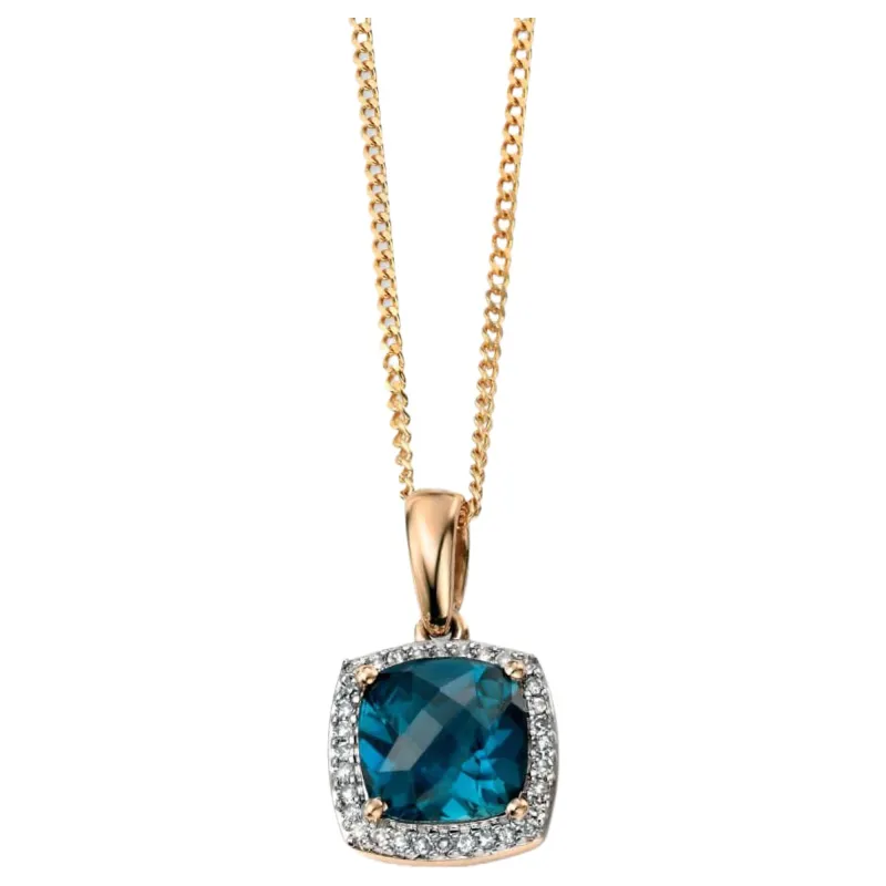 Elements Gold GP964T Checkerboard London Blue Topaz Pendant with Diamond in 9ct Gold sold by H.S. Johnson