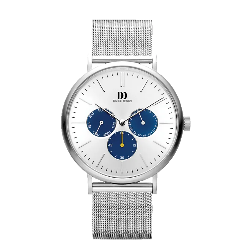 Danish Design IQ62Q1233 Hong Kong Day/Date Silver Blue Mesh Watch made by H.S. Johnson