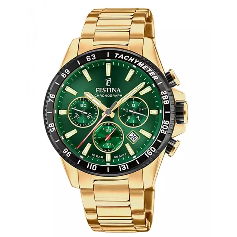 Festina F20634/4 Men's Green Dial Gold Tone Case Chronograph Wristwatch sold by H.S. Johnson