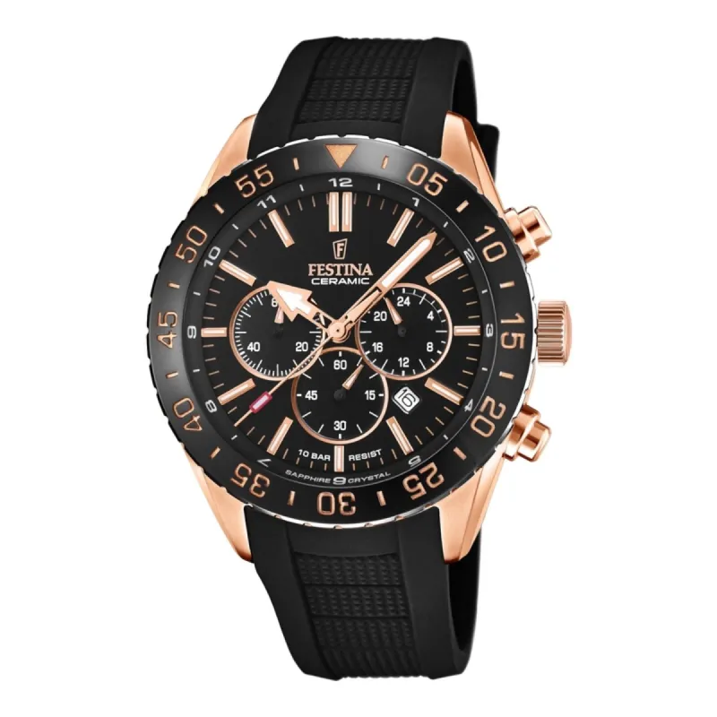 Festina F20516/2 Men's Chronograph Rose Gold Tone Case Black Rubber Strap Watch sold by H.S. Johnson