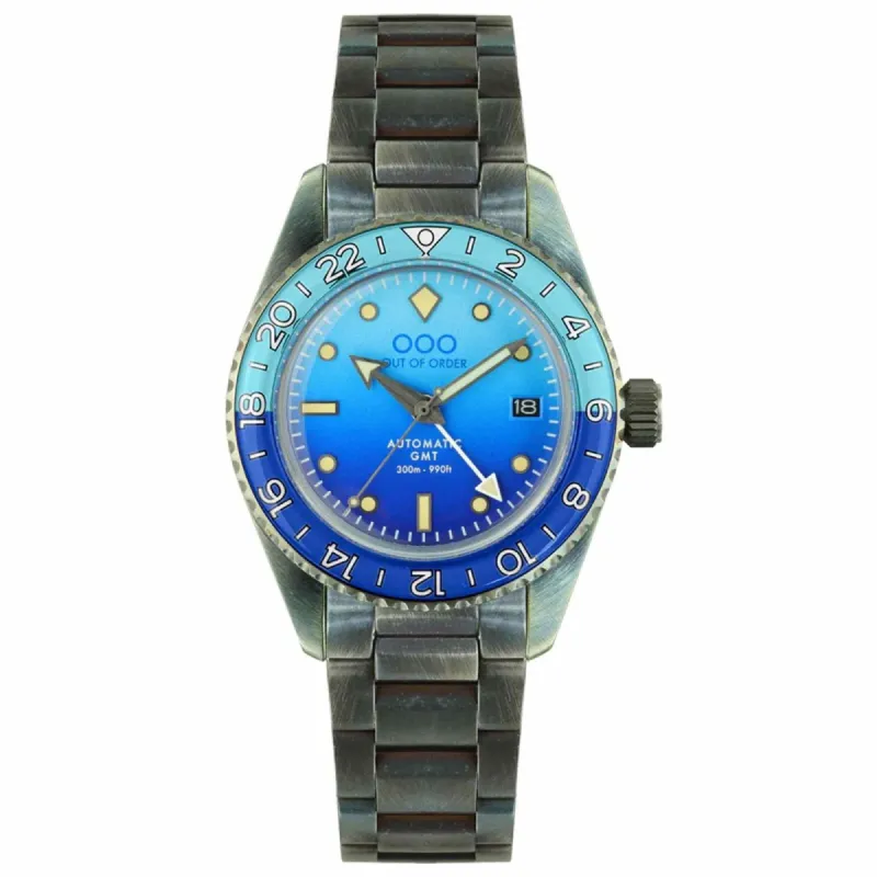 Out Of Order 001-25.BB.BAND Men's Bomba Blu Auto Ultra Distressed GMT Watch sold by H.S. Johnson