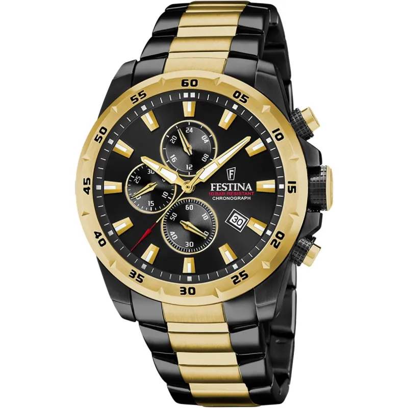 Festina F20563/1 Men's Black Dial Two Tone Steel Bracelet Wristwatch sold by H.S. Johnson